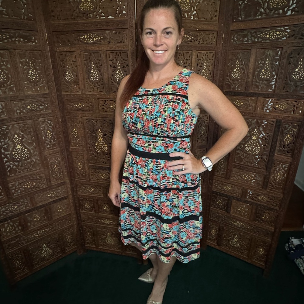 Jessica Simpson mini floral and black stripe Sleeveless Midi Dress